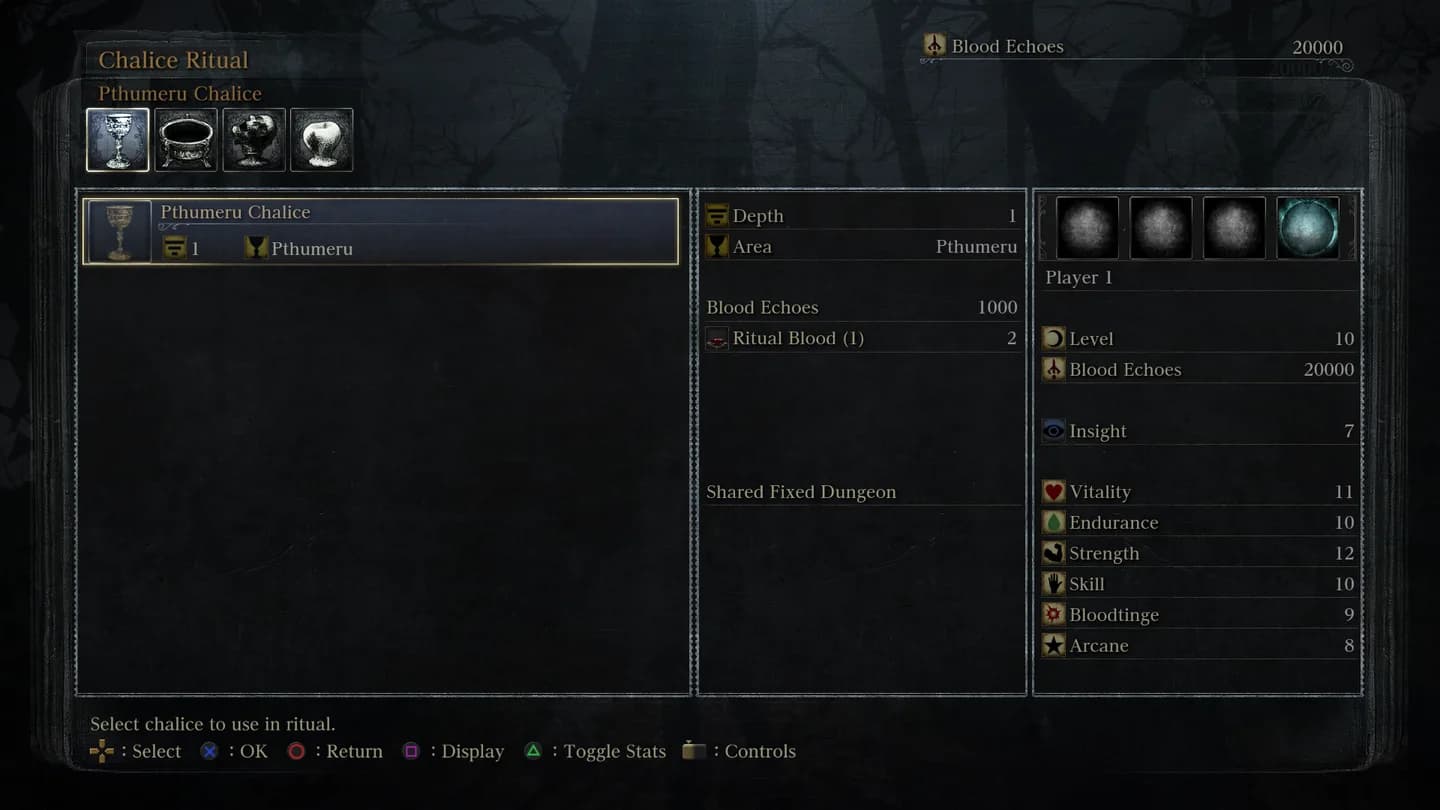 The Chalice Ritual menu with the Pthumeru Chalice chosen, its depth, area and the ritual materials.