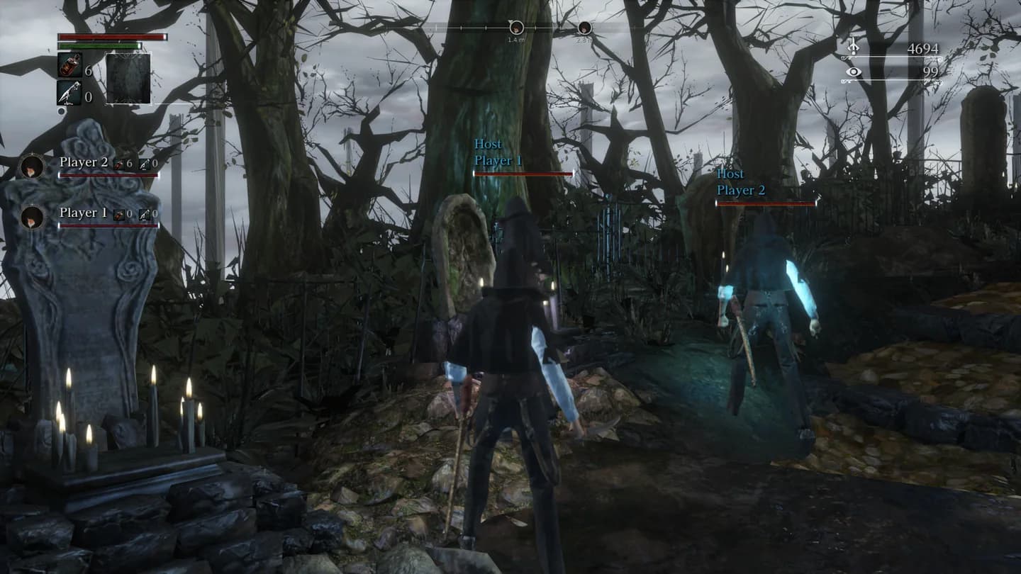 In the Hunter's Dream, Player 3 and Player 2 stand by while Player 1 stands at the First Ritual Altar.