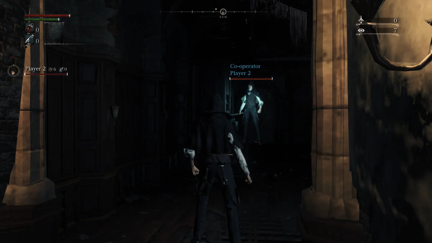 In a dark hall, Player 2 stands ahead; the compass at the top has their mark in the middle.