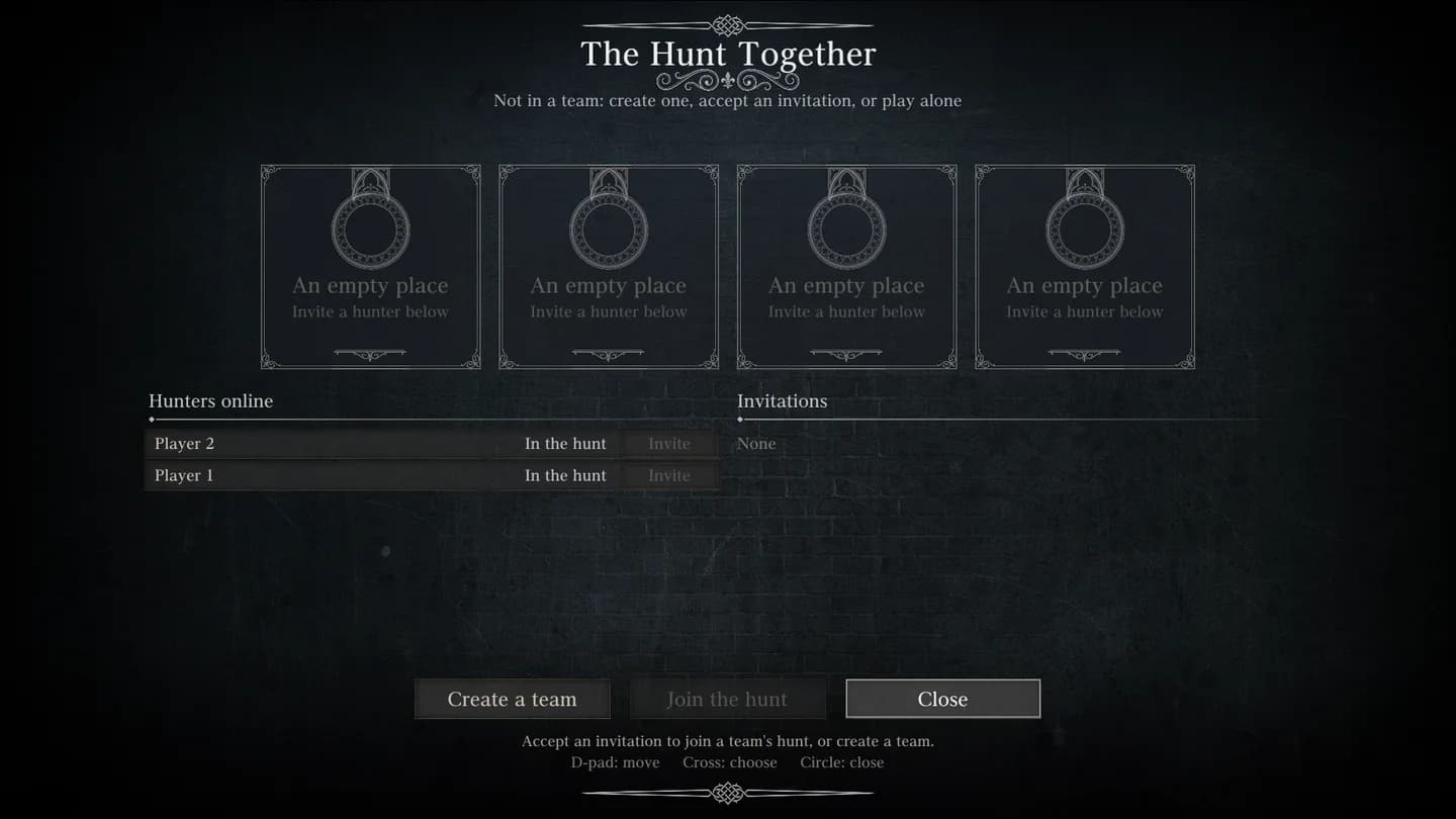 Co-op Team opened from the Insert menu, not in a team, with Player 2 and Player 1 In the hunt.