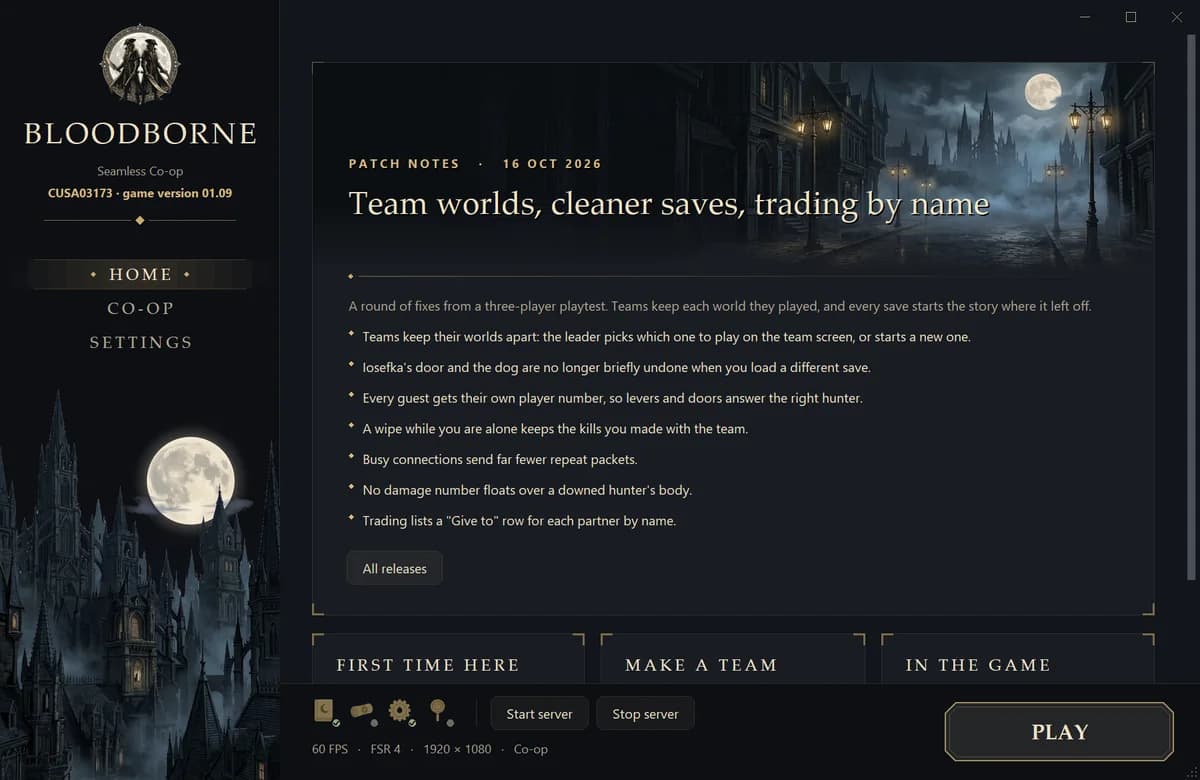 The launcher's Home page: the news card Hunt Yharnam together, the sidebar with Home, Co-op and Settings, and the bottom bar with the status icons, Start server, Stop server and PLAY.