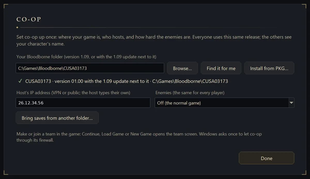 The launcher's Co-op page with the host's Radmin address 26.12.34.56 in Host's IP address and Enemies Off.