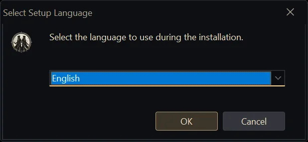 Select Setup Language: English chosen, with OK and Cancel.