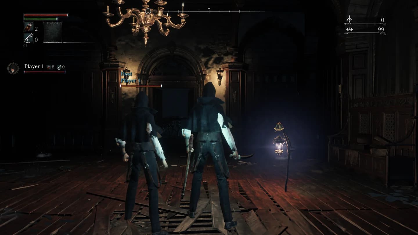 Player 1 and Player 2 standing together at the lamp in the clinic after a party wipe.